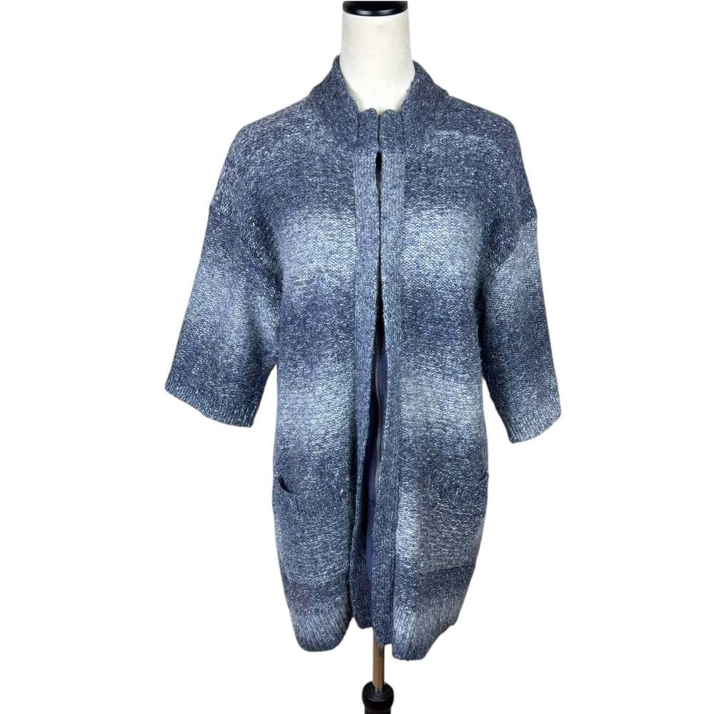 Chico's Sz 2 Blue Gray Knit Wool Blend Zip Up Long Cardigan Layering Sweater